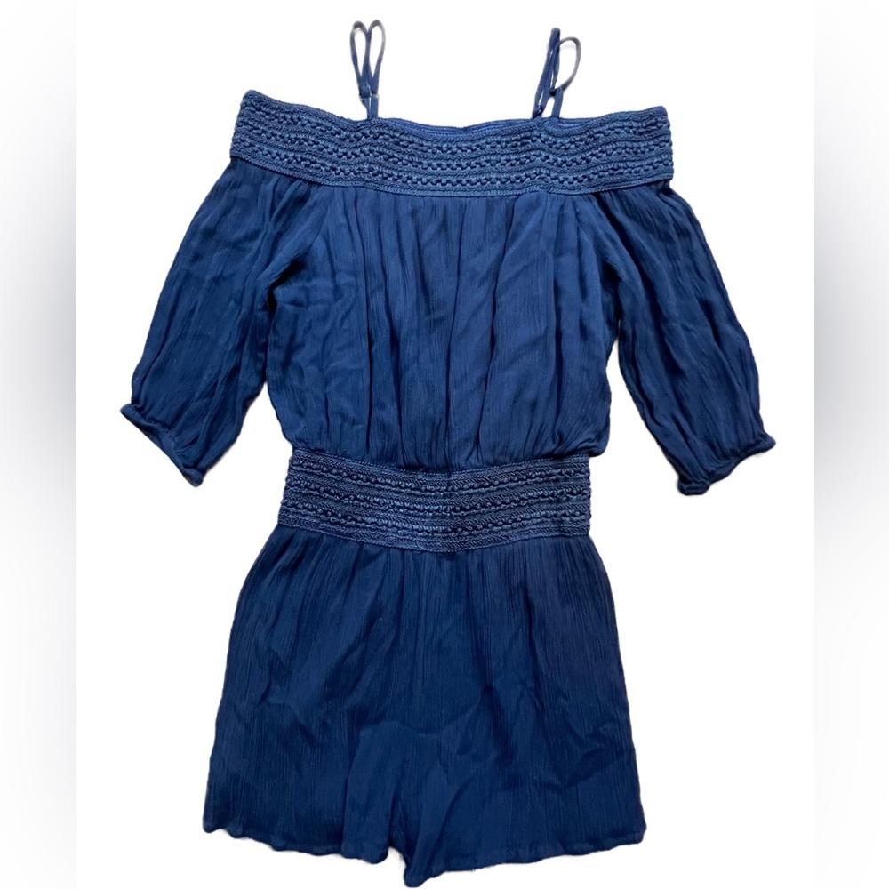 PURPLE SNOW Off the Shoulder Romper Navy Blue Textured Lace Accents Size Medium